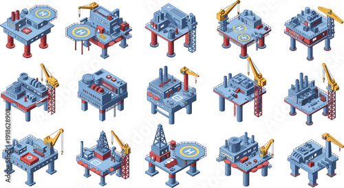 Offshore Oil and Gas Platforms Isometric Set with Drilling Rigs and Helipad Vector Illustration Isolated on White Background for Energy Industry Design