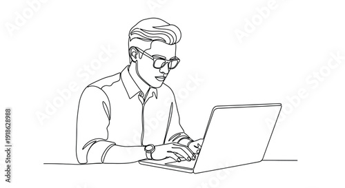Stylish young businessman wearing eyeglasses and a wristwatch diligently types information into a modern open laptop computer for important remote work tasks.