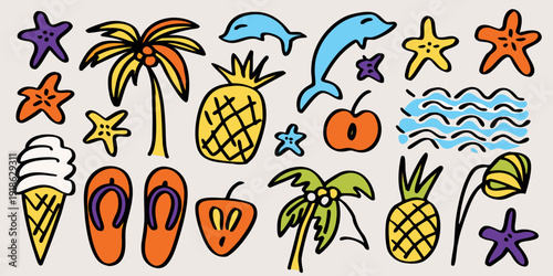 Colorful summer doodles featuring tropical fruits sea creatures and beach items