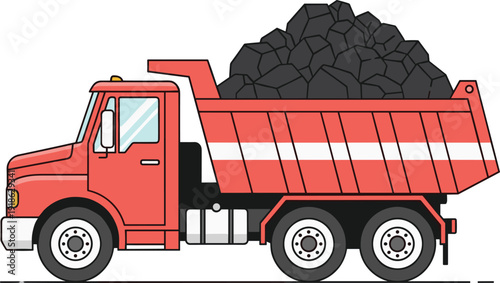 Red Dump Truck Carrying Coal Load Vector Illustration Isolated on White Background for Construction Mining and Heavy Transport Industry Design