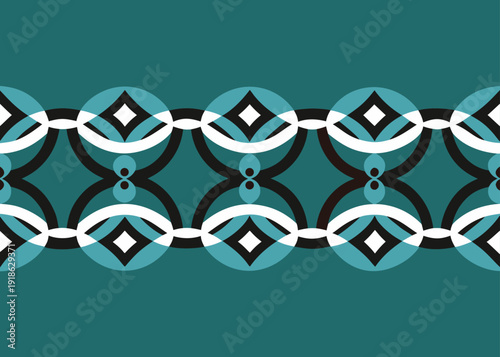 Seamless teal and black geometric border pattern with abstract circular and diamond shapes