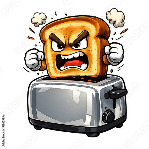 Cartoon angry toast character in toaster with smoke coming out of its head