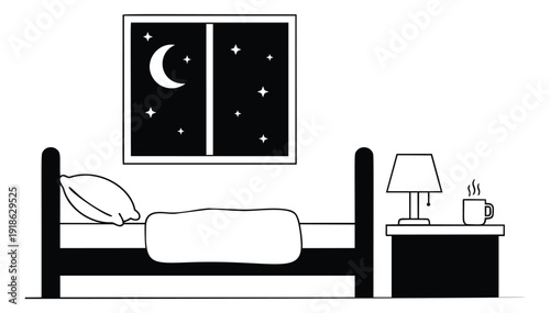 Line art illustration of a bedroom scene depicting a cozy night for sleep and relaxation concepts