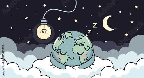 Cute cartoon Earth sleeping peacefully under a night sky with a turned-off light bulb.