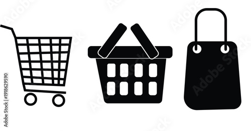 Shopping Cart, Basket and Bag Icon Set Black Retail Symbols