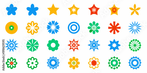 Collection of colorful star and flower shaped icons arranged in rows