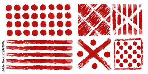 Abstract red patterns dots lines and crosses on a white background