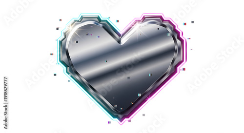 Chrome metallic heart with neon cyan and magenta glitch borders on transparent background