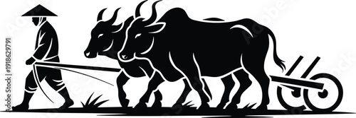 Farmer plowing field with oxen silhouette illustration, traditional agriculture scene isolated on white background vector style artwork