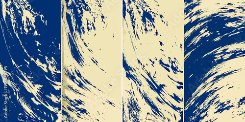 Abstract expressionist painting with swirling blue and cream textures