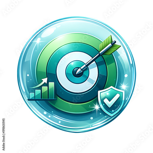Clear glass orb with green and blue target, arrow in bullseye, growth chart, and shield with checkmark on transparent background