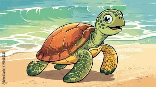 Cute sea turtle walking on sandy beach cartoon vector illustration ocean wildlife marine animal nature coastal background scene