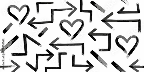 Abstract pattern of hand drawn hearts and arrows in grayscale