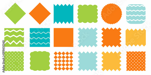 Colorful geometric shapes and patterned squares arranged in a grid layout