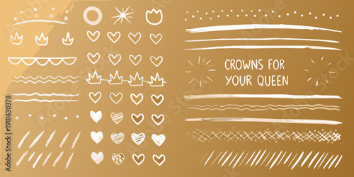 Golden doodles of hearts crowns and decorative brushstrokes on a tan background