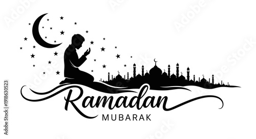 A silhouette of a Muslim man praying with a mosque and crescent moon in the background, surrounded by stars, conveying spirituality and faith during Ramadan Kareem or Lebaran Ied Mubarak.