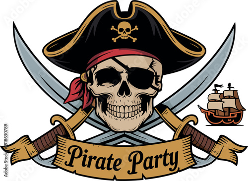 Vintage pirate skull with tricorn hat crossed swords banner and ship illustration for pirate party theme design
