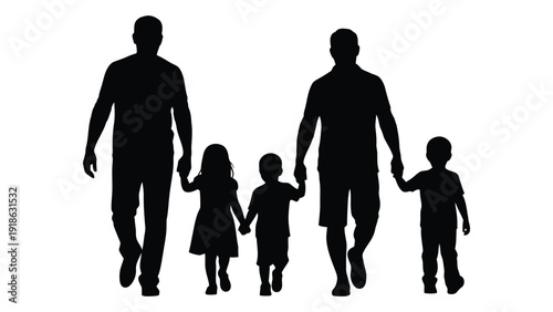 Silhouette of a family of four walking together on a white background isolated on white background, Vector