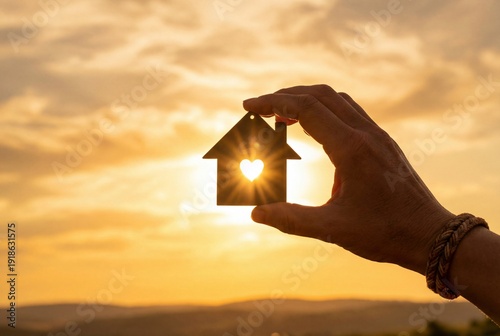 Woman hand holding house silhouette with heart cutout against golden sunset sky
