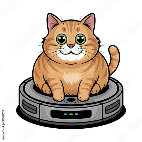 Cute cartoon ginger cat sitting on smart robotic vacuum cleaner illustration for home cleaning concept