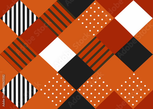 Geometric patchwork pattern with orange black and white diamond shapes and various textures