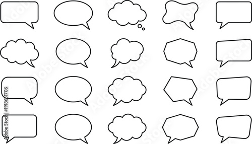 Diverse Dialogue Bubbles: A variety of speech bubbles offers a versatile visual representation of communication, thoughts, and ideas, suitable for numerous creative applications.