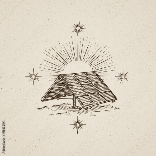 Stylized solar panel with radiating sun and four surrounding stars
