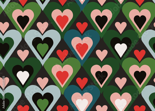 Seamless pattern with colorful nested hearts in a geometric diamond arrangement