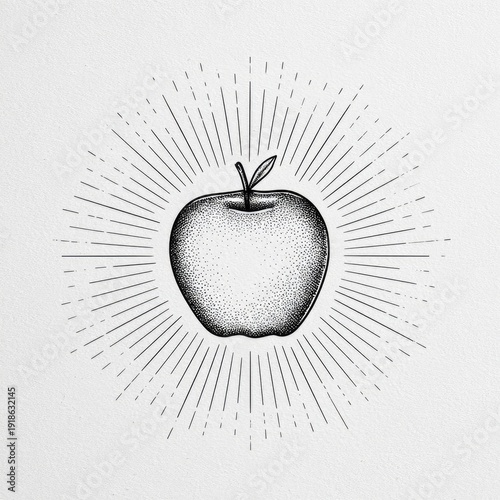 Stippled apple with radiating sunburst lines on textured paper