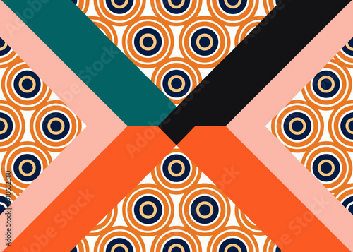 Modern abstract geometric pattern with colorful diagonal bands and circular motifs