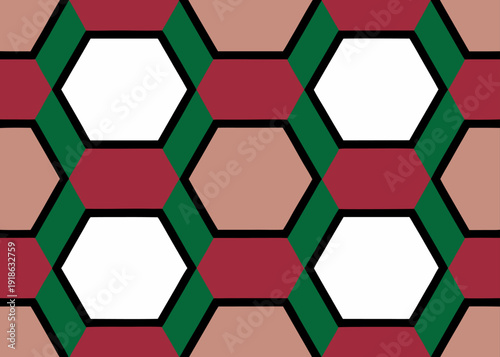 Seamless geometric tiling pattern featuring white and tan hexagons with green and red accents