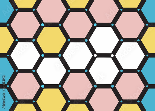 Vibrant hexagon pattern with pink yellow blue and white shapes outlined in bold black lines.
