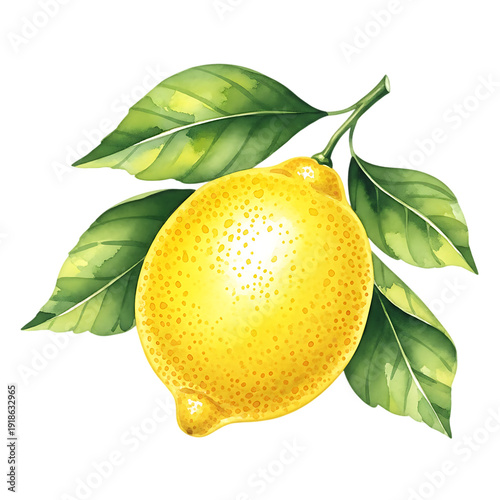 Fresh yellow lemon with green leaves on branch watercolor illustration