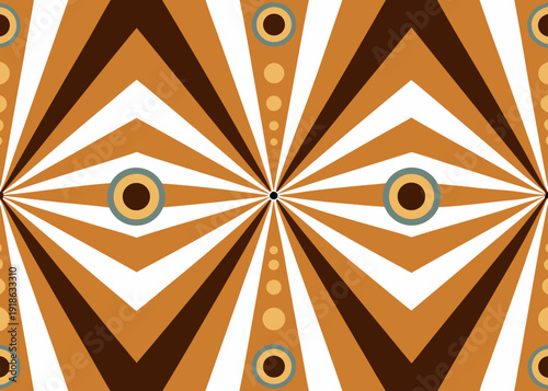 Abstract geometric pattern with diamond shapes and circular eye motifs in brown and orange.