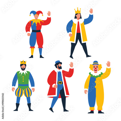 Celebrating Balearic Islands Day with colorful cartoon characters in royal attire waving in unison