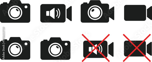 Camera and video recorder icon set, digital photography capture symbols, movie recording buttons, audio sound on and off signs, isolated