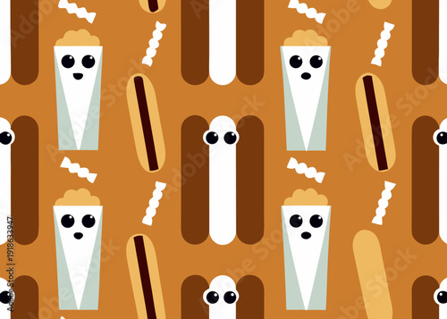 Seamless pattern of cute cartoon snacks including popcorn, hot dogs, and candies on a brown background.