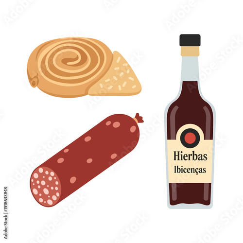 Celebrating Balearic Islands Day with traditional Ibizan food and drink featuring Hierbas liqueur, sausage, and cheese