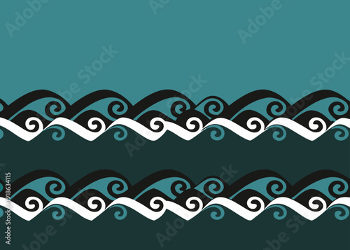 A stylized teal and black wave pattern with white accents in a repeating border design.