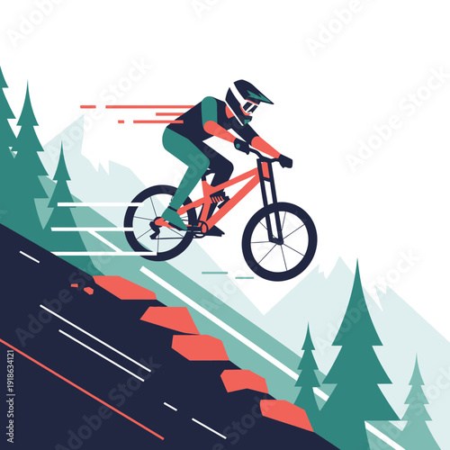 Mountain Biker Descending Steep Trail with Speed Lines, Trees, and Mountains