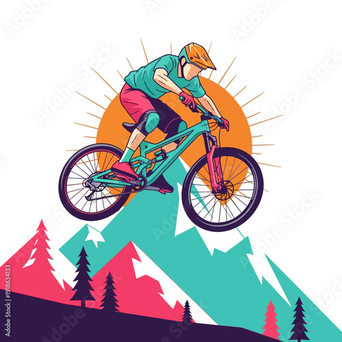 Mountain biker jumping over mountains with sun, extreme sports illustration
