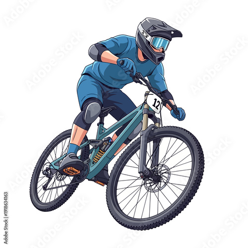 Mountain biker in action, downhill race, extreme sports, vector illustration