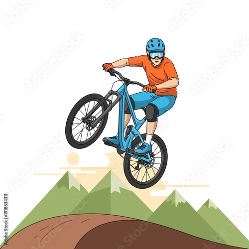 Mountain biker performing a wheelie jump over a dirt track and mountains