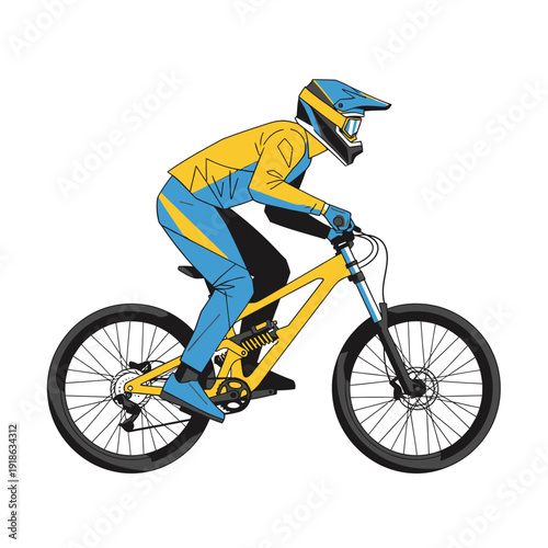 Downhill mountain biker in yellow and blue gear riding a yellow bike