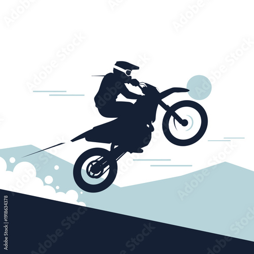 Silhouette of Motocross Rider Performing a Wheelie Jump Over Hills