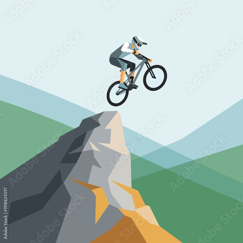 Mountain biker jumps off cliff edge, extreme sport, downhill biking, adventure, freedom