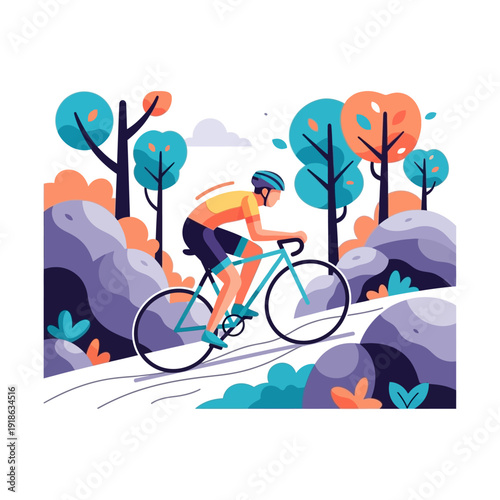 Cyclist riding bicycle uphill through colorful stylized nature landscape