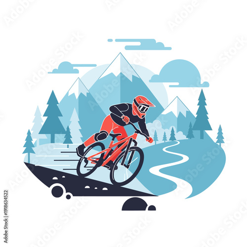 Mountain biker riding downhill on a winding trail with snowy peaks background