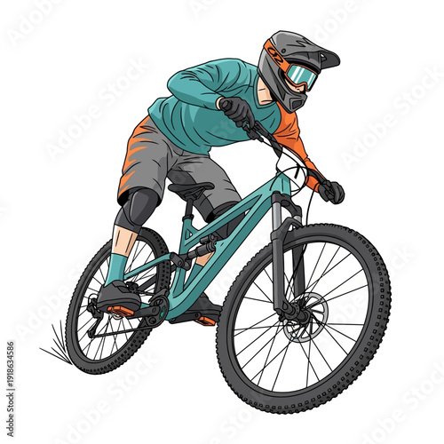 Mountain biker in action, downhill extreme sport, full suspension bike, protective gear