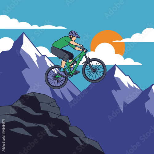 Mountain biker jumping off cliff with snow-capped mountains and sunset.